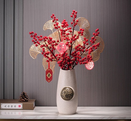 Nhánh cây berry đỏ lọ gốm dài trang trí tết FWS6159D | Flexdecor VN | 11