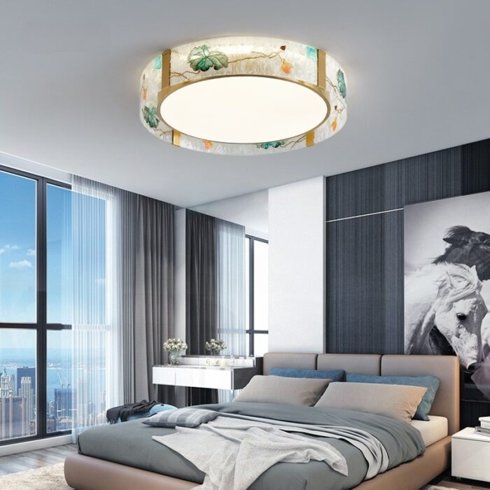 Đèn ốp trần tròn bằng đồng thủy tinh sen và hạc FL8077B | Flexdecor VN | 2