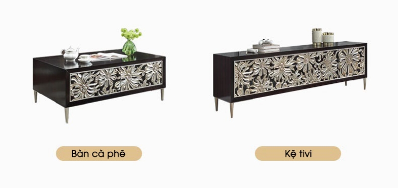 Bàn cà phê decor gỗ bề mặt khắc hoa nổi cao cấp JYJ1010A | Flexdecor VN | 26