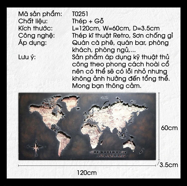 Tranh phù điêu bản đồ thế giới bằng thép Retro T0251 | Flexdecor VN | 16