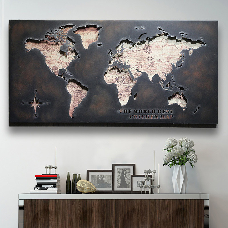 Tranh phù điêu bản đồ thế giới bằng thép Retro T0251