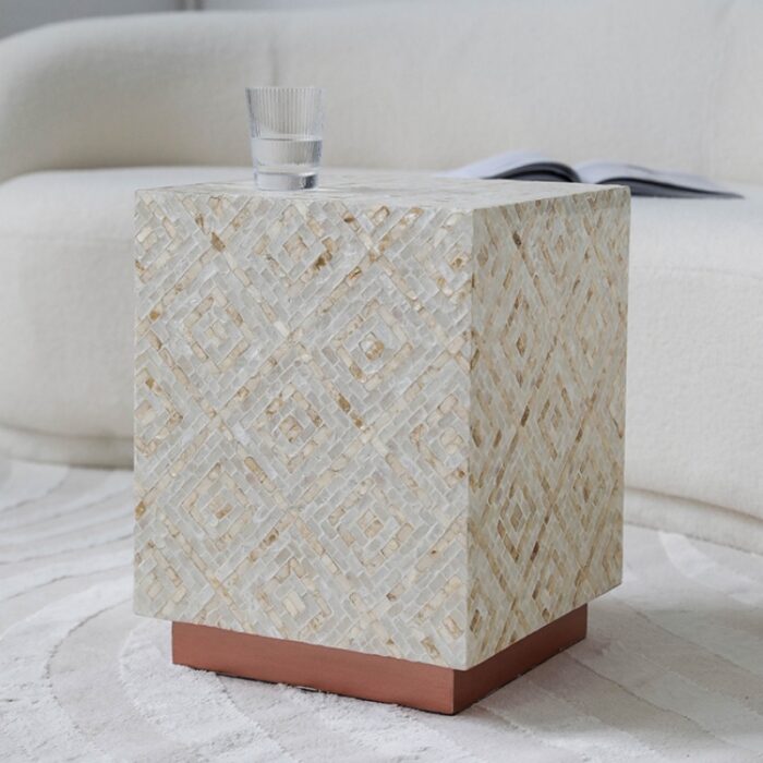 Ghế đôn trang trí bằng gỗ khảm trai tứ giác MH001 | Flexdecor VN | 2