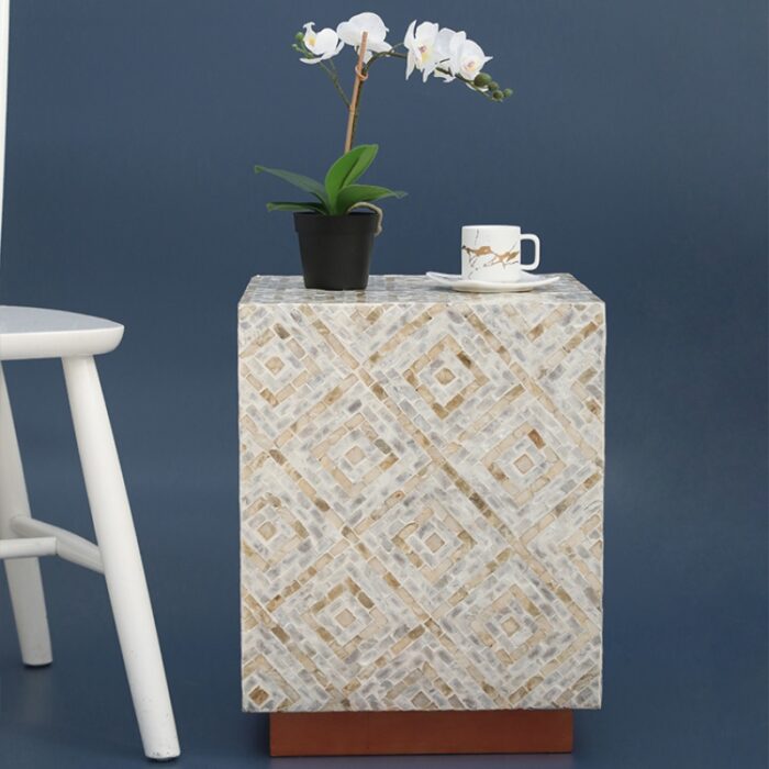 Ghế đôn trang trí bằng gỗ khảm trai tứ giác MH001 | Flexdecor VN | 1