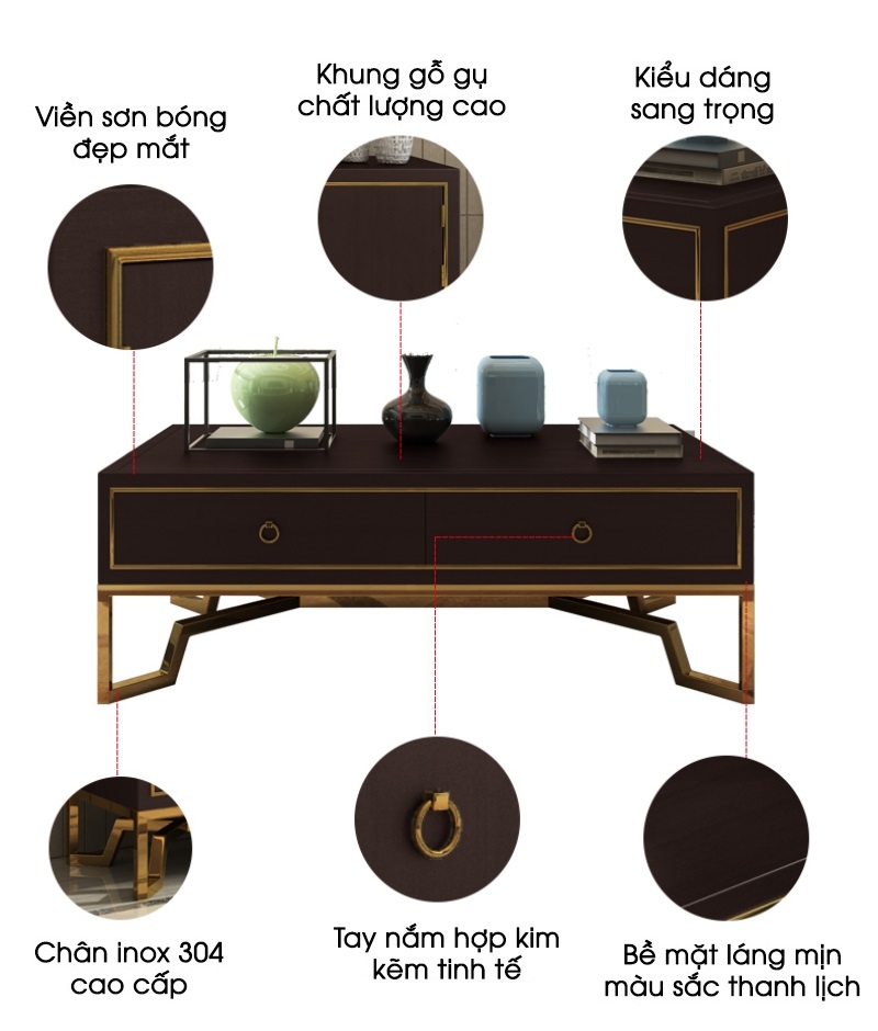 Bàn cà phê decor gỗ gụ chân inox sang trọng JYJ0005 | Flexdecor VN | 18