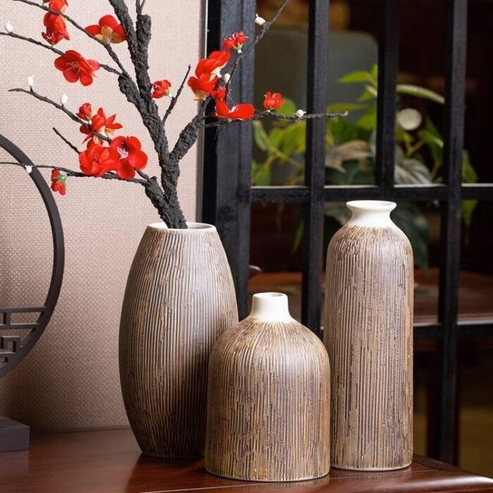 Bình hoa gốm sứ kẻ sọc phong cách Retro XY7311 | Flexdecor VN | 1