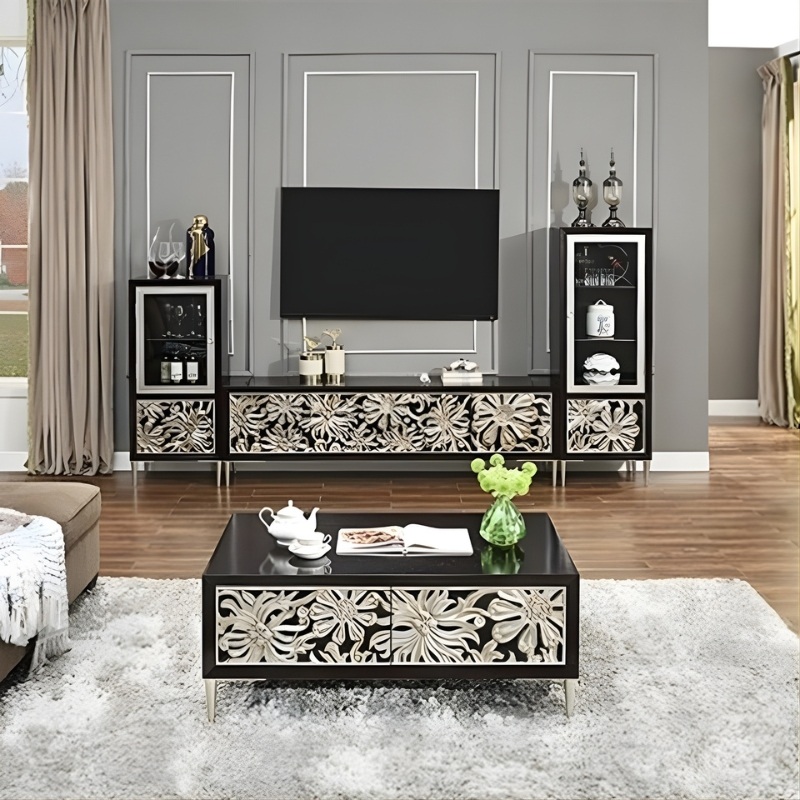 Bàn cà phê decor gỗ bề mặt khắc hoa nổi cao cấp JYJ1010A