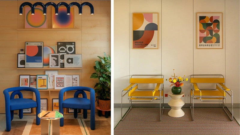 Không gian nội thất phòng khách phong cách Bauhaus với ghế armchair màu xanh dương nổi bật, ghế Wassily màu vàng, tranh treo tường đồ họa hình học và đèn trang trí tối giản