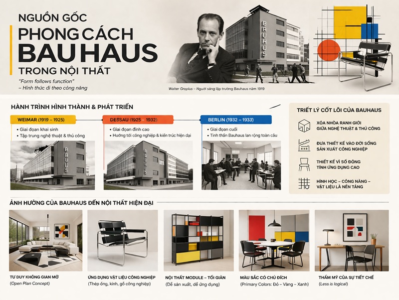 Infographic nguồn gốc phong cách Bauhaus trong nội thất với hình ảnh Walter Gropius, tòa nhà Bauhaus và timeline các giai đoạn Weimar (1919–1925), Dessau (1925–1932), Berlin (1932–1933)