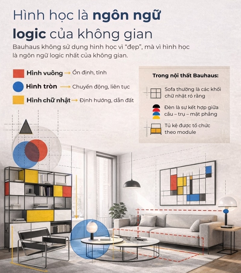Infographic phong cách Bauhaus trong nội thất minh họa hình học cơ bản gồm hình vuông, hình tròn, hình chữ nhật và ứng dụng vào sofa, đèn, tủ kệ theo nguyên tắc lặp lại, tỷ lệ đồng nhất và liên kết không gian