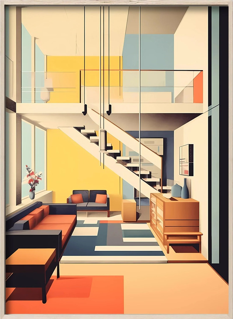 Không gian nội thất phong cách Bauhaus với các mảng màu vàng, đỏ, xanh được sử dụng để phân vùng không gian, nhấn mạnh hình khối và cấu trúc kiến trúc hiện đại.